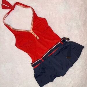 Tommy Hilfiger Red and Navy One Piece Skirted Swimsuit 12 Women’s